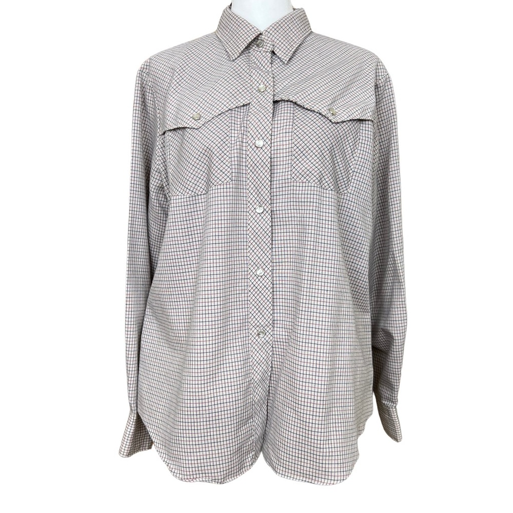 Vintage 80s Cheryl Tiegs Brand Beige / Greige Plaid Western Pearl Snap Size 18